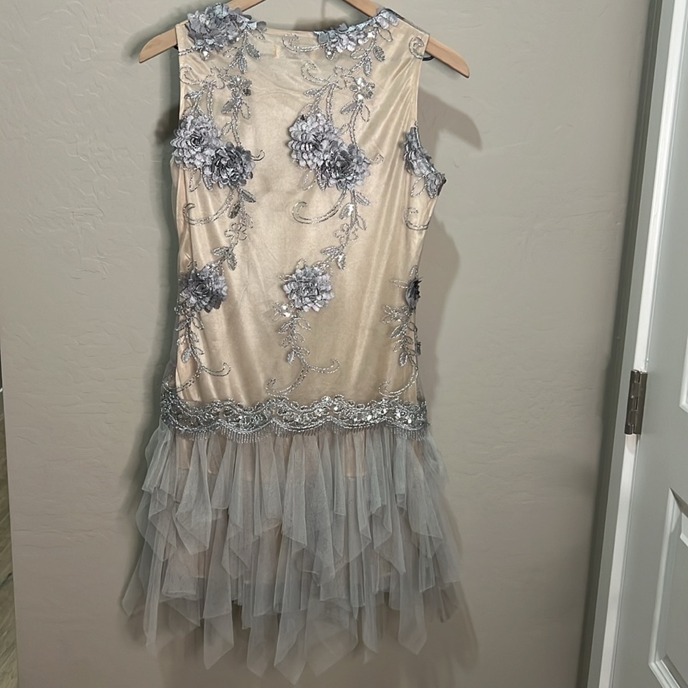 Embroidered Dress Mini Gown Silver Tulle Formal Dance Holiday Party New Years - Picture 7 of 13